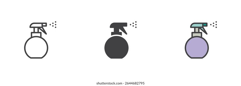 Perfume atomizer spray bottle icon in line, solid and filled outline colorful versions. Vector fragrance icon and grooming scent symbol for barbershop and cosmetics.