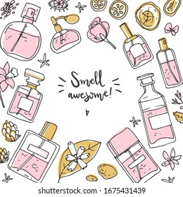 Perfume background, frame with bottle and ingredients. Doodle vector illustration. Simple hand drawn style.