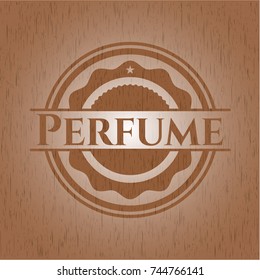 Perfume badge with wood background