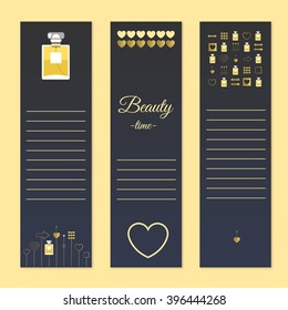 Perfume and beauty gift cards with notes. Stock vector illustration.Fragrance with golden decorative elements. Vector illustration for holiday cards and shopping catalog. 