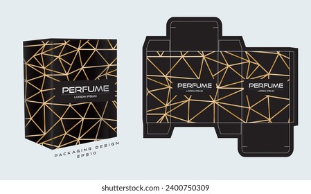 perfume black and gold packaging box design. includes die cut template - preview mockup - editable blueprint layout with cutting. vector EPS 10.