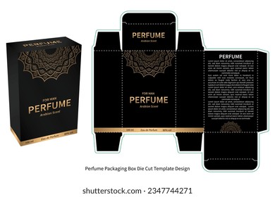 Perfume black packaging box die cut template, featuring an elegant gold pattern that adds a touch of luxury.
Easy to assemble and customize blueprint layout - includes preview mockup