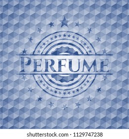Perfume blue badge with geometric background.