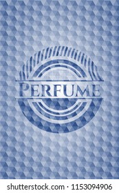 Perfume blue badge with geometric background.