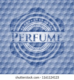 Perfume blue badge with geometric pattern background.