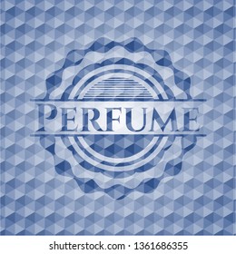 Perfume blue emblem or badge with abstract geometric pattern background.