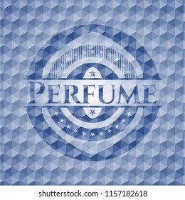 Perfume blue emblem with geometric background.