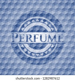 Perfume blue emblem with geometric pattern.