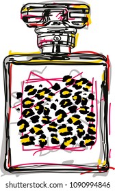 Perfume bottle with animal print, handmade vector design for print on t shirt or label.