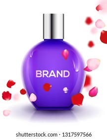 Perfume bottle background with rose petals. Fragrance pink cosmetic floral bottle design product mockup.