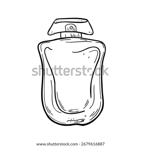 Perfume bottle black white vector illustration. Hand drawn vintage flacon with transparent cap and minimalist lines. Scent bottle contour sketch for packaging and beauty accessories background.