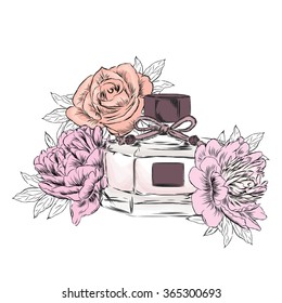 Perfume bottle and bouquet of flowers.Vector drawing. 