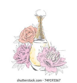 Perfume bottle and bouquet of flowers.Vector drawing.