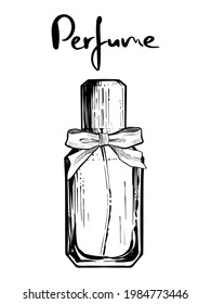 Perfume bottle with a bow,  hand drawn vector, monocrome