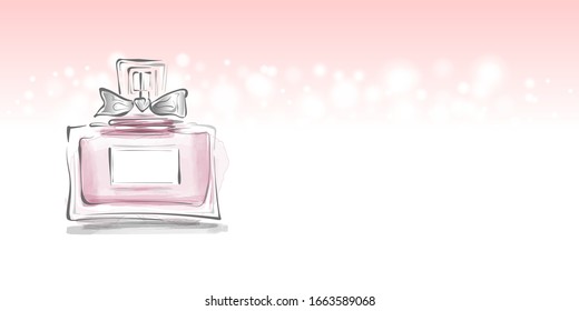 Perfume bottle with bow vector bokeh illustration. Female template design. Perfume bottle design glass. Luxury, fashion. Hand drawing fashion sketch. Perfume fragrance watercolor drawing.