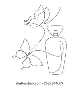 Perfume bottle butterfly vector. Fragrance scent one line continuous drawing. Hand drawn linear illustration. Outline abstract print, banner, card, brochure, boho poster, beauty, logo, sign, symbol.