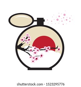 perfume bottle with cherry tree branch sky, clouds and red sun, vector