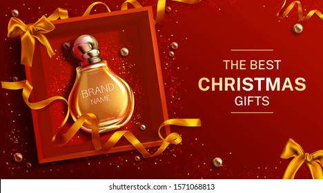 Perfume bottle Christmas gift banner mock up. Women fragrance glass flask in red box with golden ribbons and pearls on festive background. Cosmetic product ad template Realistic 3d vector illustration