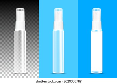 perfume bottle clear spray on transparent background, packaging bottle spray, transparent bottle spraying mockup, 3d illustration, vector