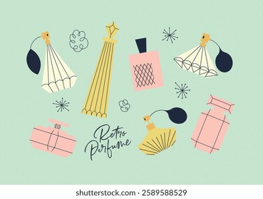 Perfume bottle collection drawing with color in retro style on green background
