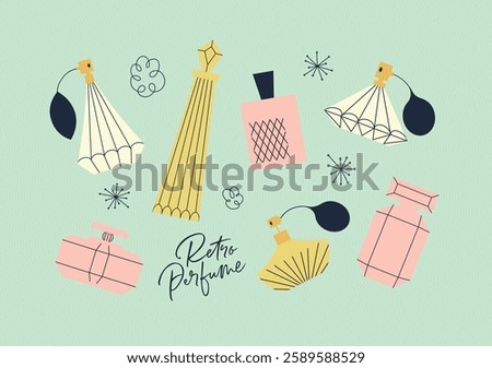 Perfume bottle collection drawing with color in retro style on green background