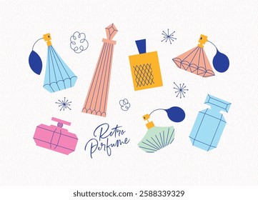 Perfume bottle collection drawing in retro style on light background