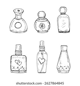 Perfume bottle collection hand-drawn for luxury fragrance branding design.