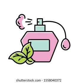 Perfume bottle color icon. Paraben free natural fragrance. Botanical based scent. Personal care product. Hypoallergenic. Wild-crafted. Organic cosmetics. Isolated vector illustration