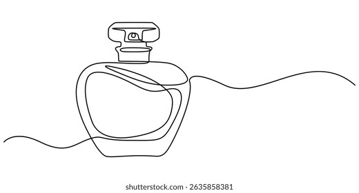 Ícone de linha contínua de garrafa de perfume, desenho contínuo de uma linha de frasco de spray de perfume elegante.  Spray de perfume na ilustração de desenho de linha única. AVC editável, frasco de perfume cosmético. Minimalismo.