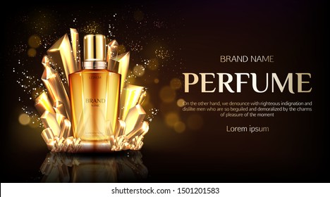 Perfume Bottle With Crystals On Dark Shining Background Mock Up Banner. Glass Flask With Gold Liquid Packaging Design. Scent Fragrance Cosmetic Beauty Product Promo. Realistic 3d Vector Illustration