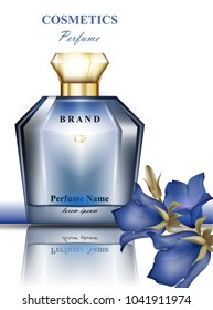 Perfume bottle with delicate blue flowers fragrance. Realistic Vector Product packaging designs
