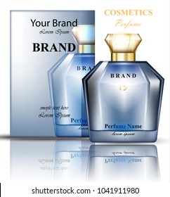 Perfume bottle with delicate blue flowers fragrance. Realistic Vector Product packaging designs