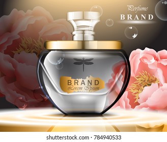 Perfume bottle delicate roses fragrance. Realistic Vector Product gold packaging design mock ups