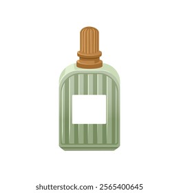 Perfume bottle design. Scent, odor flask with label. Rich classy perfumery, cosmetic product in jar. Eau de toilette, odour. Parfum, fragrance. Flat vector illustration isolated on white background