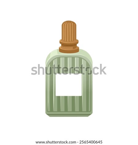 Perfume bottle design. Scent, odor flask with label. Rich classy perfumery, cosmetic product in jar. Eau de toilette, odour. Parfum, fragrance. Flat vector illustration isolated on white background
