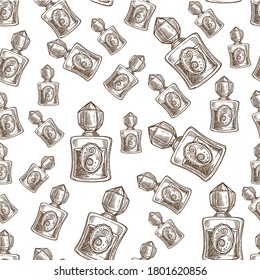 Perfume bottle designed in vintage manner seamless pattern. Aromatic water with fragrance, scent and aroma. Cosmetic product for women beauty. Monochrome sketch outline, vector in flat style