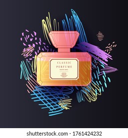 A perfume bottle with a Doodle pattern. Bright modern poster for advertising and sale Fragrance. Vector illustration.