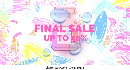 A perfume bottle with a Doodle pattern. Bright modern poster for advertising and sale Fragrance. Vector illustration.