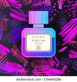 A perfume bottle with a Doodle pattern. Bright modern poster for advertising and sale Fragrance. Vector illustration.