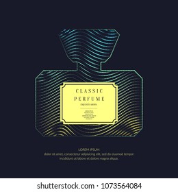 Perfume bottle with dynamic lines and waves. Bright modern poster for advertising and sale Fragrance. Vector banner.