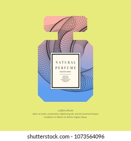 Perfume bottle with dynamic lines and waves. Bright modern poster for advertising and sale Fragrance. Vector banner.
