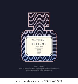 Perfume bottle with dynamic lines and waves. Bright modern poster for advertising and sale Fragrance. Vector banner.