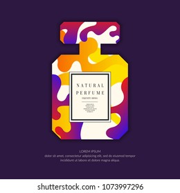 Perfume bottle with dynamic lines and waves. Bright modern poster for advertising and sale Fragrance. Vector banner.