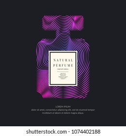 Perfume bottle with dynamic lines and waves. Bright modern poster for advertising and sale Fragrance. Vector banner.