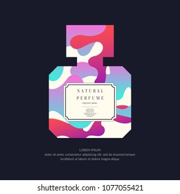 Perfume bottle with dynamic lines and waves. Bright modern poster for advertising and sale Fragrance. Vector banner.