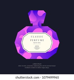 Perfume bottle with dynamic lines and waves. Bright modern poster for advertising and sale Fragrance. Vector banner.