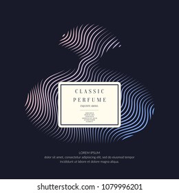 Perfume bottle with dynamic lines and waves. Bright modern poster for advertising and sale Fragrance. Vector banner.