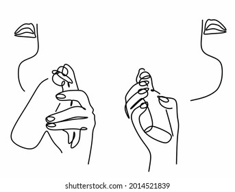 a perfume bottle in female hands and a fragment of a female face set in a continuous line in the style of minimalism