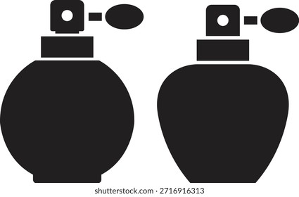 Conjunto de iconos planos de botella de perfume. Ilustración gráfica de Vectores que representa la fragancia del espray atomizador cosmético minimalista Elementos de silueta negra aislados sobre fondo transparente.