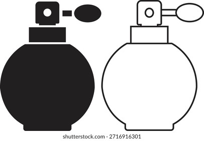 Botella de perfume plana, línea icono conjunto. Ilustración gráfica de Vectores que representa la fragancia del espray atomizador Cosmético minimalista elemento de silueta negra Luxury aislado sobre fondo transparente.